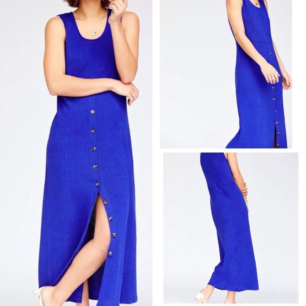 Callahan Knitwear Anthropologie Maxi Dress Blue Sleeveless Button NWT Xsmall